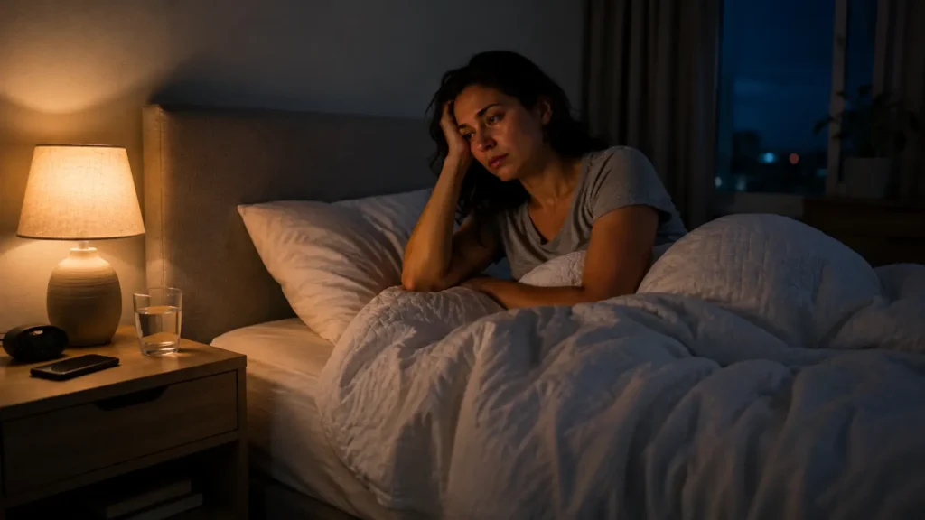 A tired person sitting awake at night, showing the connection between poor sleep and mental health