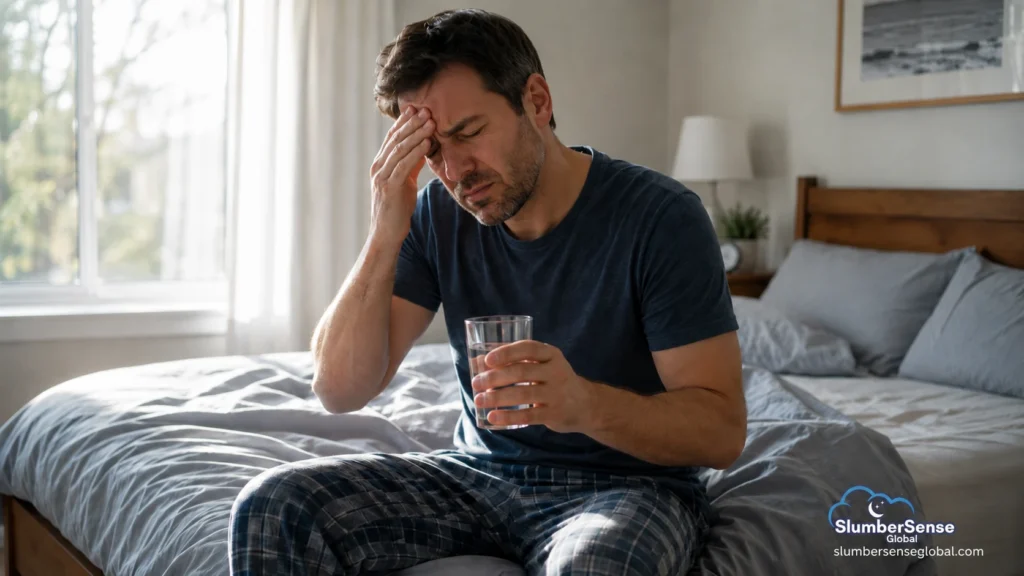 Person waking up with a morning headache and dry mouth, showing possible sleep apnea symptoms including loud snoring, breathing pauses, and poor sleep quality