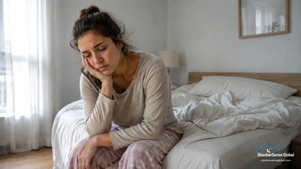 Person waking up tired after a full night's sleep with symptoms of poor sleep quality, snoring, sleep apnea, morning fatigue, and daytime tiredness
