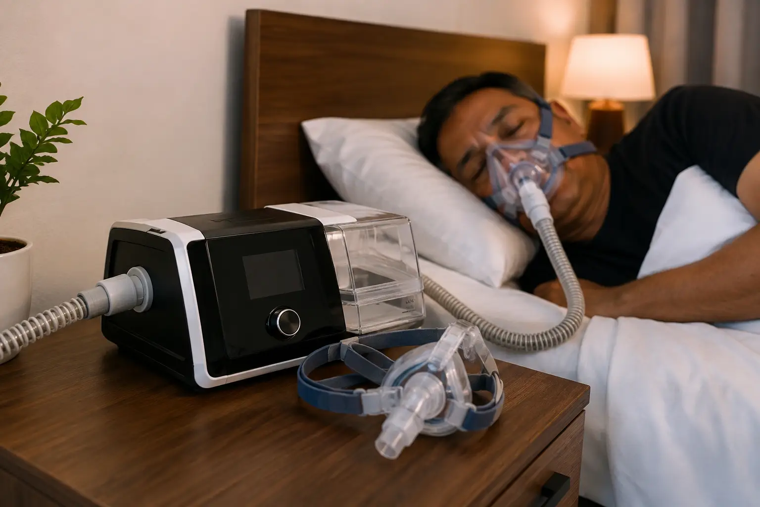 Auto CPAP machine (APAP) with humidifier and CPAP mask showing key buying features including pressure range, ramp, data tracking, quiet operation, warranty, and mask compatibility for sleep apnea therapy.