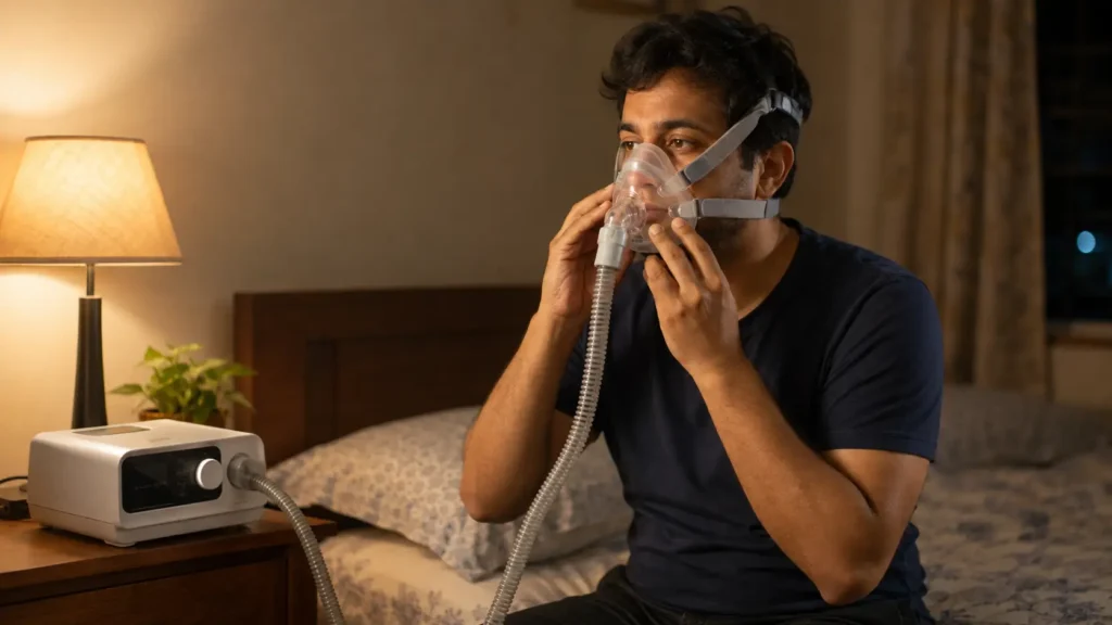 Beginner using CPAP therapy with a properly fitted CPAP mask and machine during the first month of sleep apnea treatment, demonstrating comfortable PAP therapy setup and adjustment.