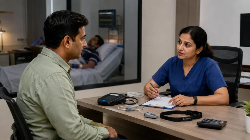 Comparison of sleep study costs in India showing home sleep test, lab sleep study (polysomnography), and CPAP titration options for diagnosing sleep apnea and other sleep disorders.