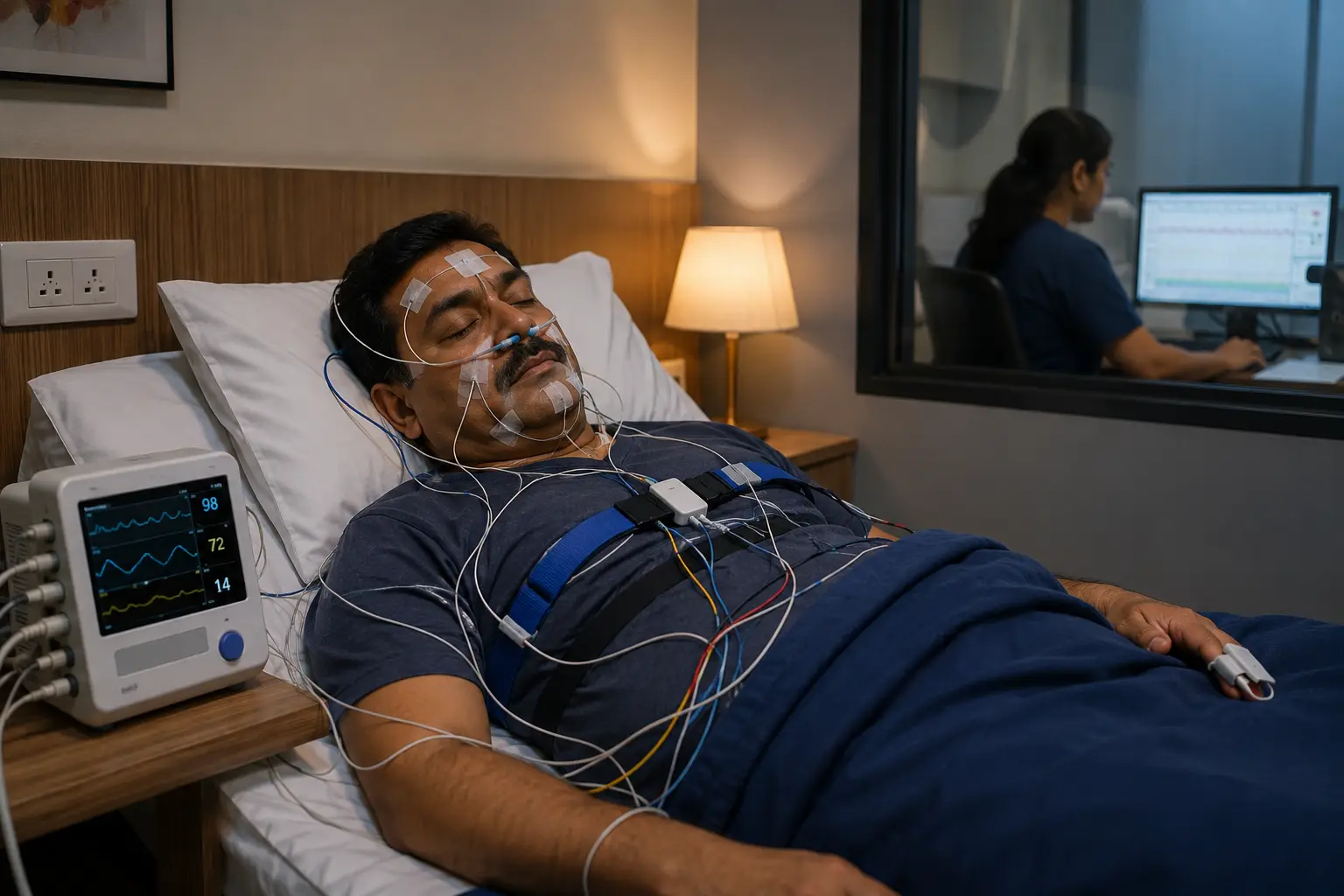 Patient undergoing a sleep study with sensors attached to the scalp, face, chest, finger, and legs while sleeping in a sleep laboratory, demonstrating what happens during a sleep apnea test.