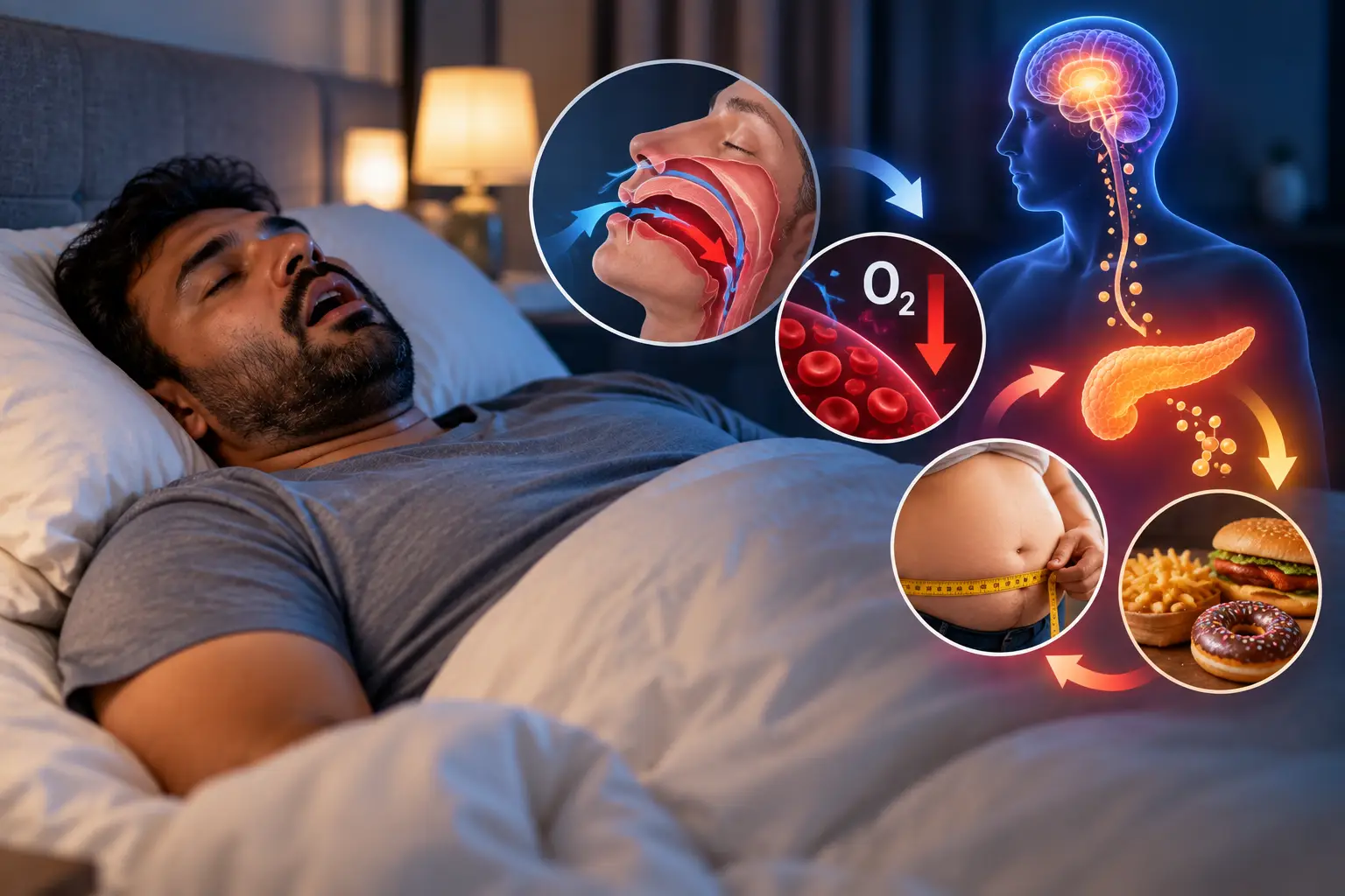 Sleep apnea and metabolism connection showing nocturnal oxygen drops and hormonal disruption