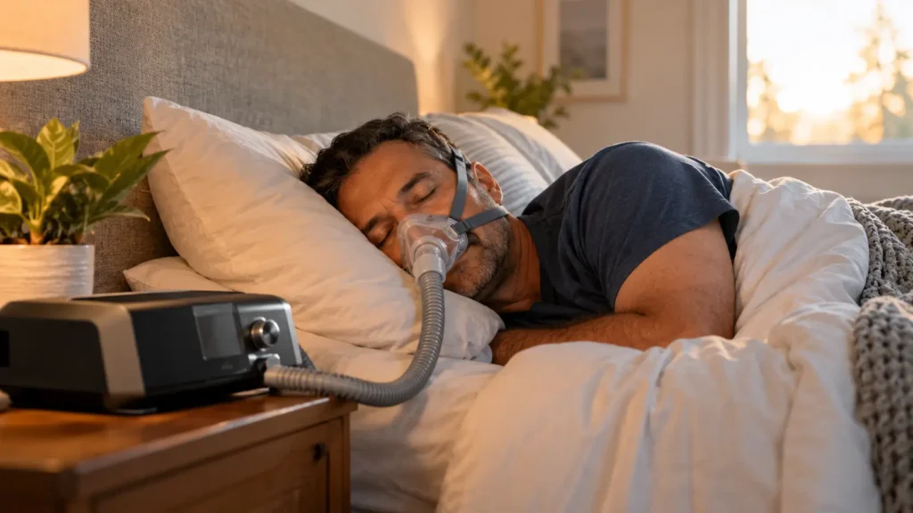 Adult sitting beside a CPAP machine and mask, considering whether to continue sleep apnea treatment after symptoms improve