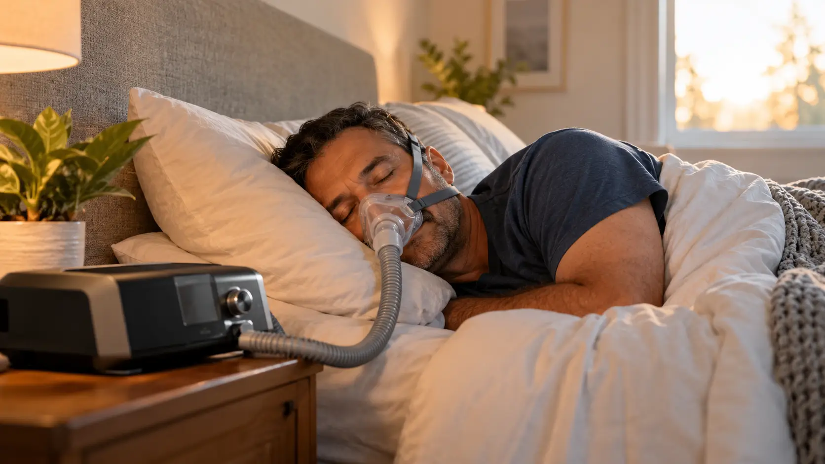 Adult sitting beside a CPAP machine and mask, considering whether to continue sleep apnea treatment after symptoms improve