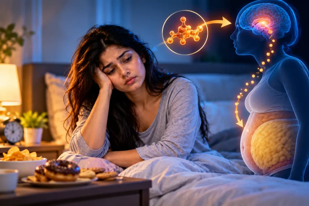 Tired woman experiencing poor sleep with a visual representation of cortisol, stress, metabolism, and abdominal weight management