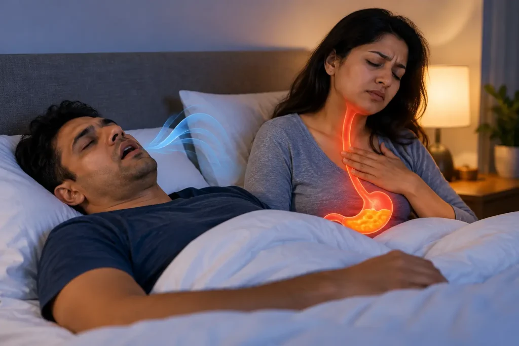 Medical infographic explaining the overlap between sleep apnea and acid reflux symptoms during sleep.