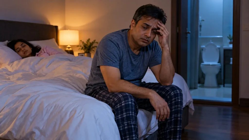 Text Adult waking at night to use the bathroom, illustrating the possible connection between sleep apnea and frequent night-time urination