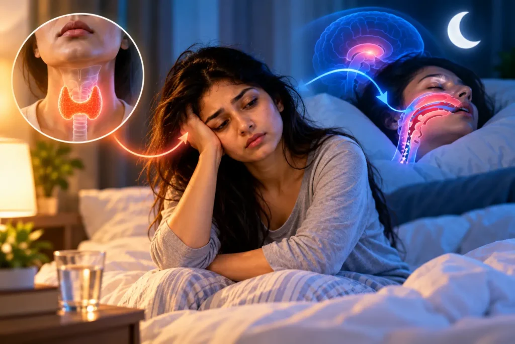 Illustration showing the sleep-thyroid connection and hypothyroidism fatigue symptoms