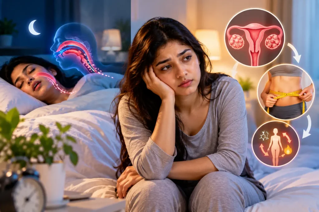 A woman sitting by her bed experiencing morning fatigue and slow metabolism caused by PCOS and sleep apnea.